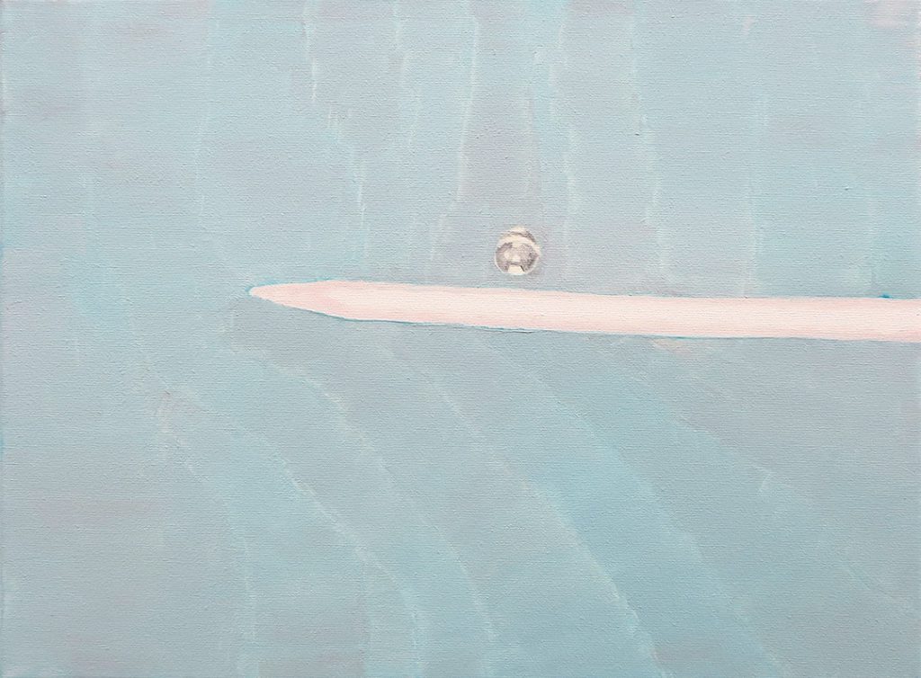 David Weishaar, Water droplet orbiting around a charged knitting needle in space, 2017. Huile sur toile, 30 x 40 cm