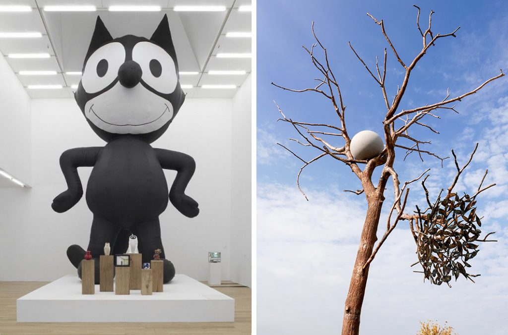 À gauche Mark Leckey In atable Felix, 2014 (Collection Syz). Vue de l'exposition à Nottingham Contemporary à droite: Giueseppe Penone, "Luce e Ombra", 2016
