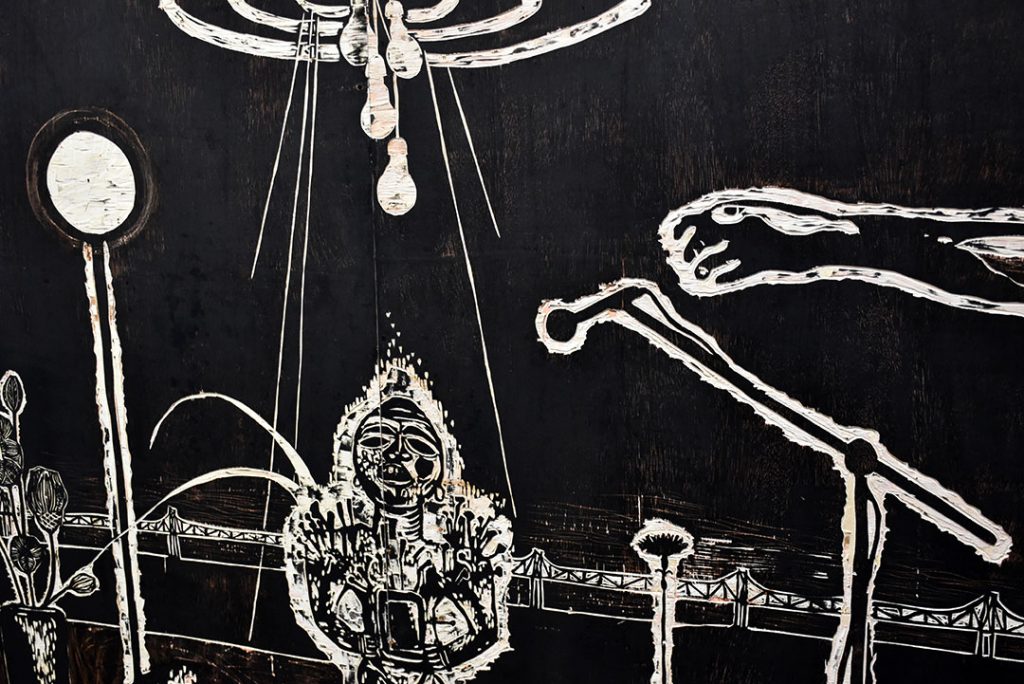 Damien Deroubaix, Nature morte au fétiche, 2015 (détail), In Situ Fabienne Leclerc, Paris